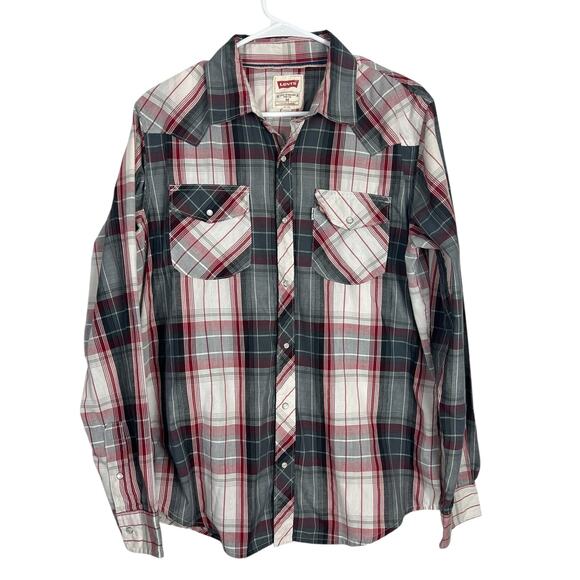 Levi’s Western Snap Shirt Men’s M Plaid Red Gray Long Sleeve Pearl Snap Cowboy - Picture 1 of 8